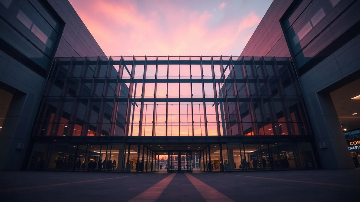 Illustrative image: low-angle view of a shopping centre entrance at sunset, with the sky in the background and leaves on the ground.