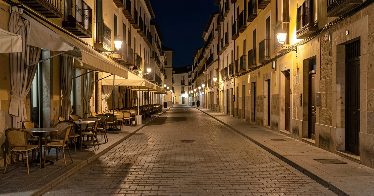 Calle vacía del centro de Málaga por la noche con terrazas cerradas