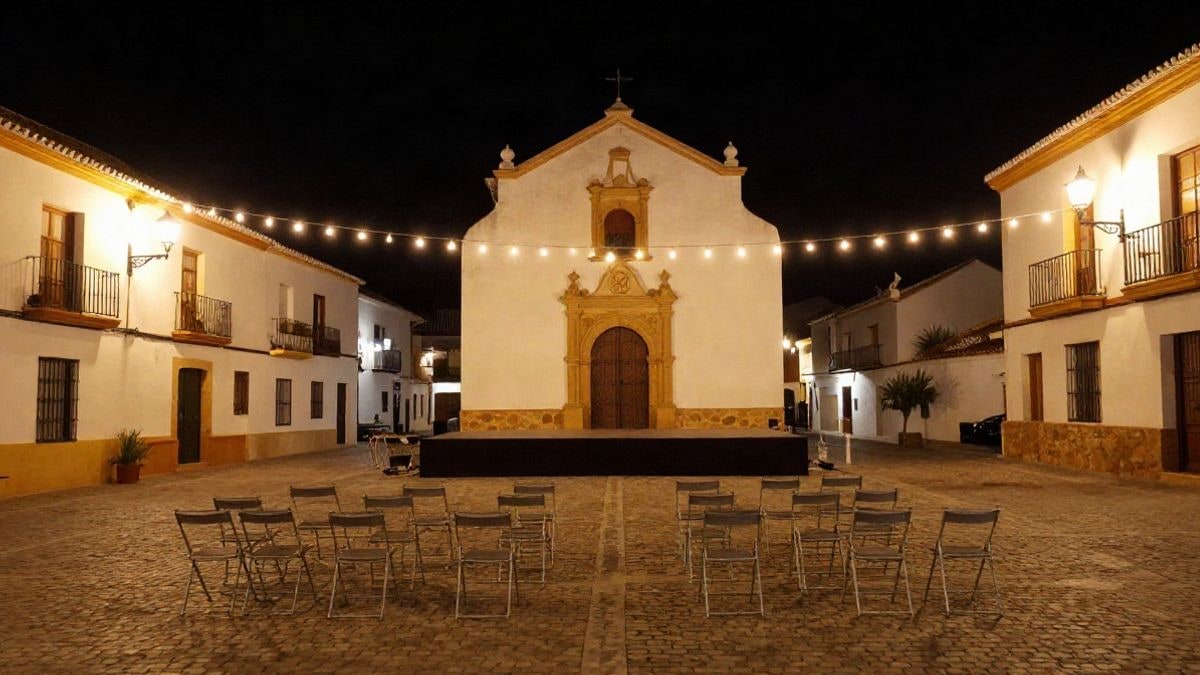 Imagen ilustrativa: plaza andaluza de noche iluminada con luces y un escenario para un acto local
