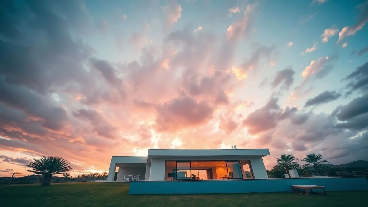 Imagen ilustrativa: una villa moderna con piscina vista desde un ángulo bajo al atardecer, con el cielo nublado de fondo.