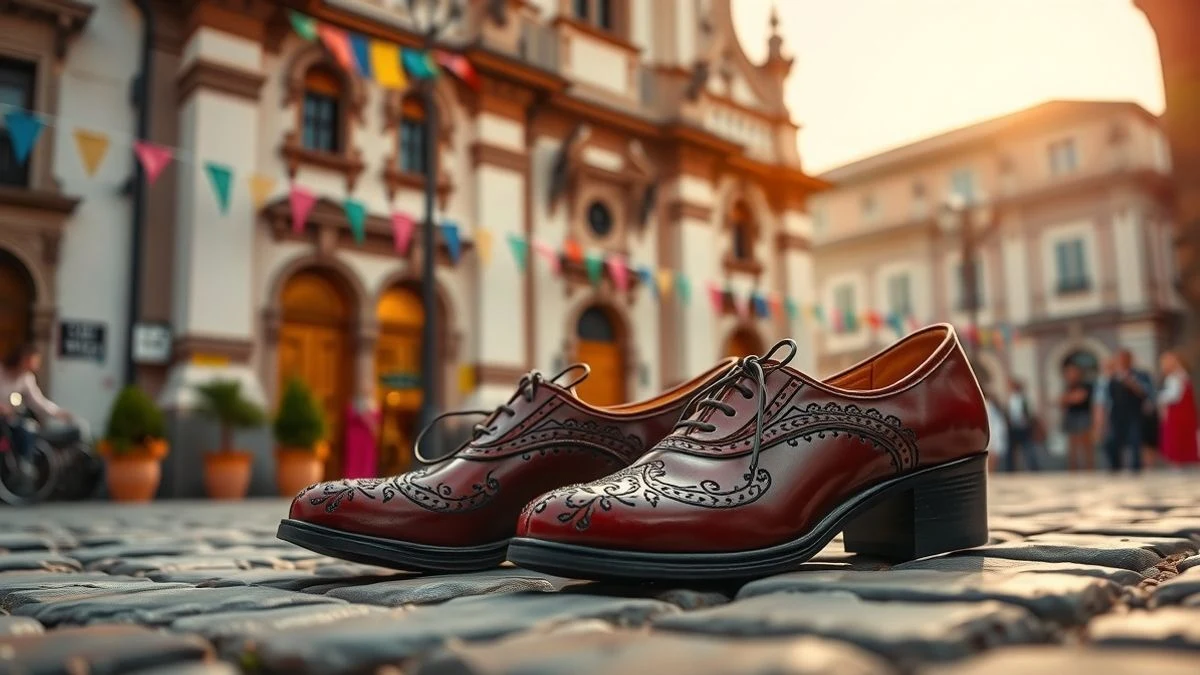 Zapatilla de baile sobre adoquín con iglesia barroca al fondo desenfocada y guirnaldas de colores