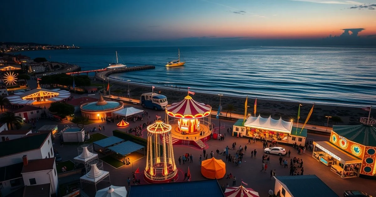 Vista aérea de la plaza del Remo en La Carihuela con atracciones de feria y fondo del mar Mediterráneo al atardecer