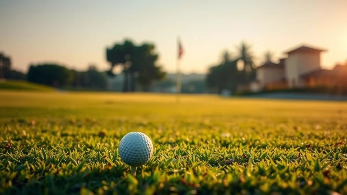 Imagen ilustrativa: un campo de golf al amanecer con una bola y un tee en primer plano desenfocado, y la salida al fondo.