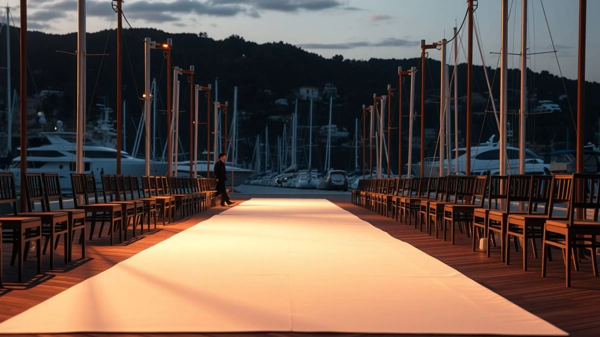 Illustrative image: an empty fashion runway at sunset on a promenade, with a solitary mannequin on the runway.