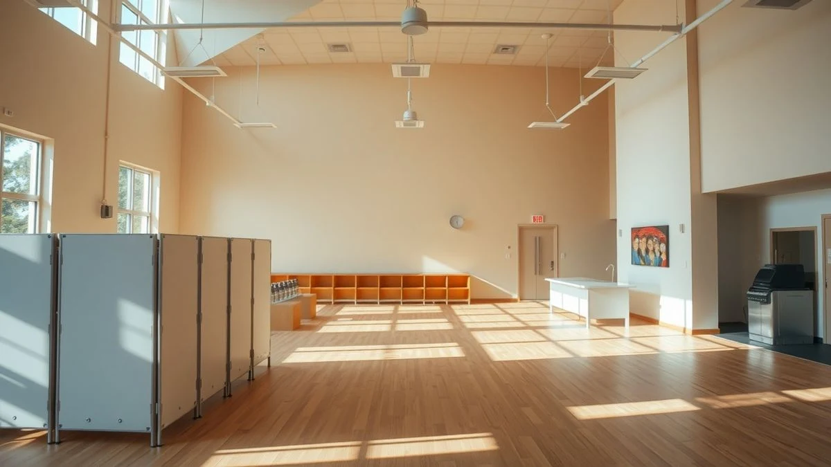 Imagen ilustrativa: interior de un centro comunitario moderno con salas polivalentes y luz natural.