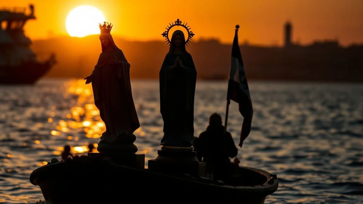 Silhouette of the Virgin of Carmen on a boat at sunset, with long shadows over the water and a crowd of silhouettes on the shore.