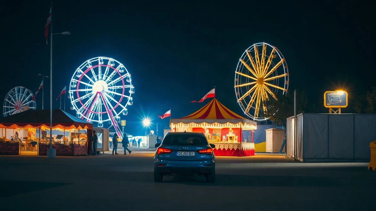 Illustrative image: a police car parked next to brightly lit fair booths at night