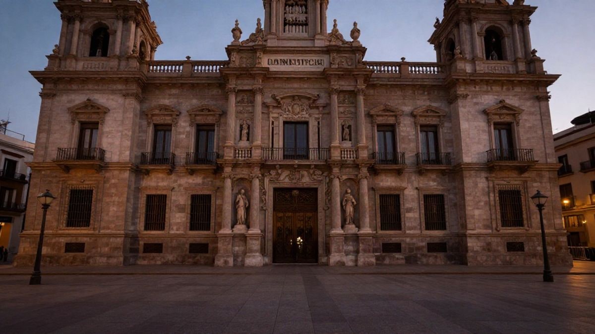 Imagen ilustrativa: la fachada de un edificio consistorial genérico al atardecer, con un grupo de personas reunidas en la lejanía.