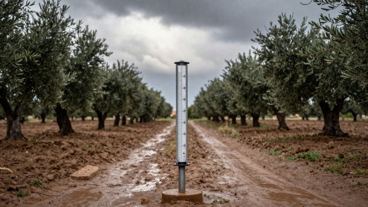 Imagen ilustrativa: un pluviómetro en un campo andaluz mojado tras la lluvia, con olivos al fondo y cielo encapotado