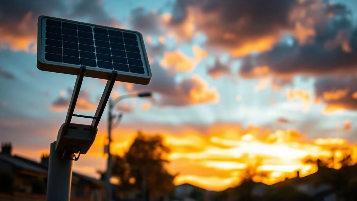 Imagen ilustrativa: primer plano de una farola solar moderna al atardecer, con el panel solar y el LED nítidos y un fondo desenfocado de calle residencial.