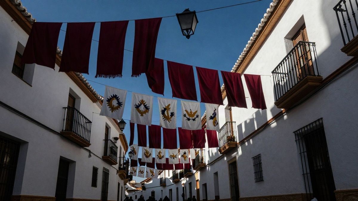 Imagen ilustrativa: calle de un pueblo blanco andaluz engalanada con telas y farolillos para un mercado medieval