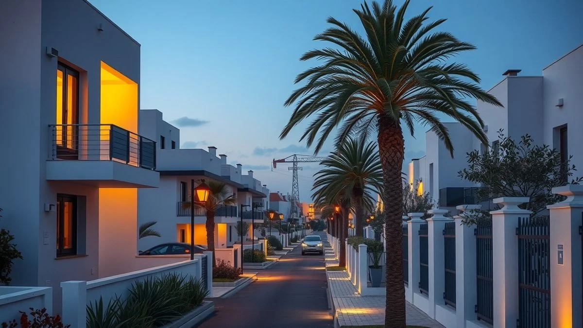 Imagen ilustrativa: Urbanización residencial moderna en una localidad costera al atardecer, con luces cálidas en ventanas y farolas.