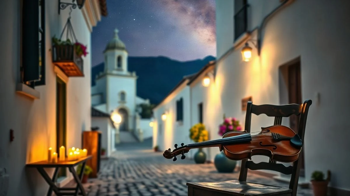 Illustrative image: cobbled street of a white Andalusian village illuminated with candles and flowers, with a violin in the foreground.