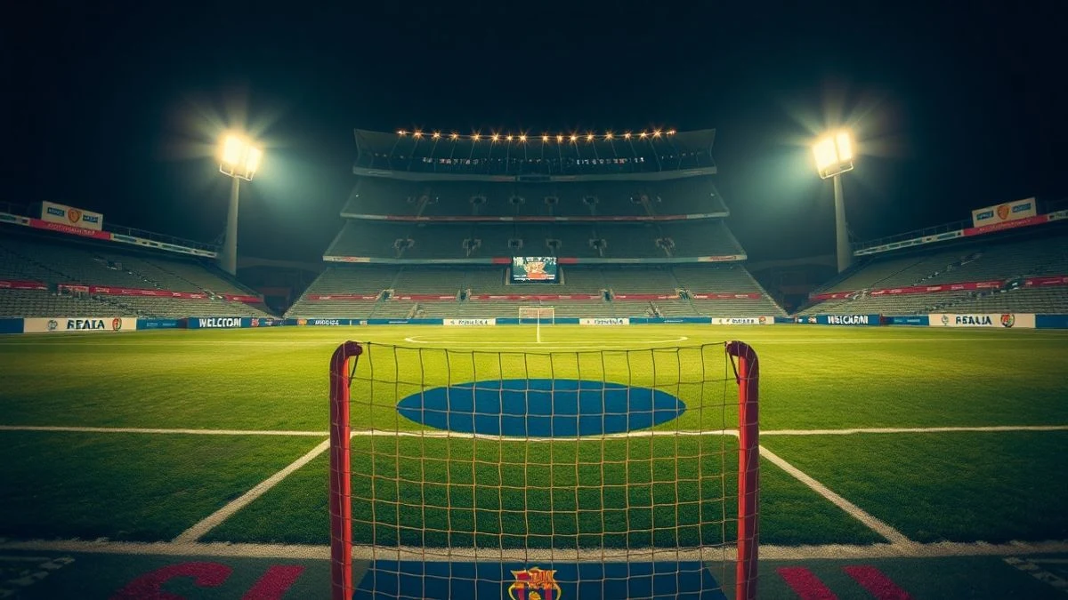 Imagen ilustrativa: estadio de fútbol iluminado con focos y césped en primer plano, sin personas visibles.