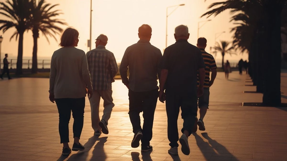 Imagen ilustrativa: grupo de personas mayores caminando por un paseo marítimo al atardecer, con siluetas y sombras largas.