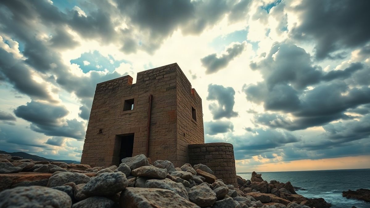 Imagen ilustrativa: torre vigía de piedra en un acantilado costero al atardecer