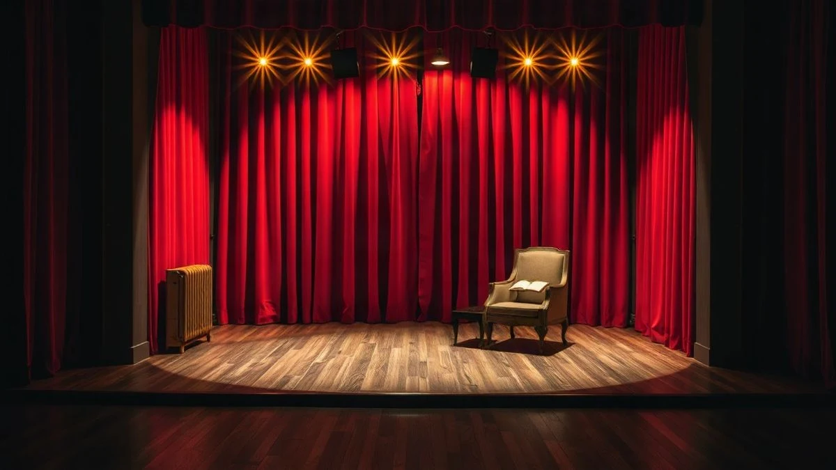Imagen ilustrativa: un escenario teatral vacío con cortinas rojas y un libro de guion sobre una silla, iluminado por focos cálidos.