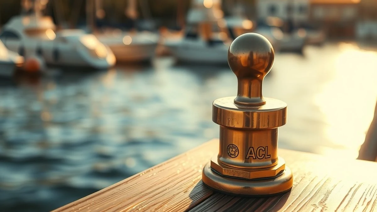 Illustrative image: detail of a polished bronze cleat on a wooden dock, with the sea in the background during sunset.