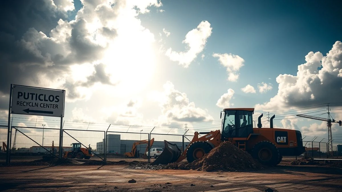 Illustrative image: construction machinery on an industrial site with fences and a construction sign, at the start of a clean point construction.