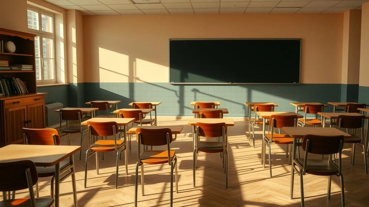 Imagen ilustrativa: un aula vacía con luz de ventana lateral, mesas y sillas de madera, y una pizarra sin texto.