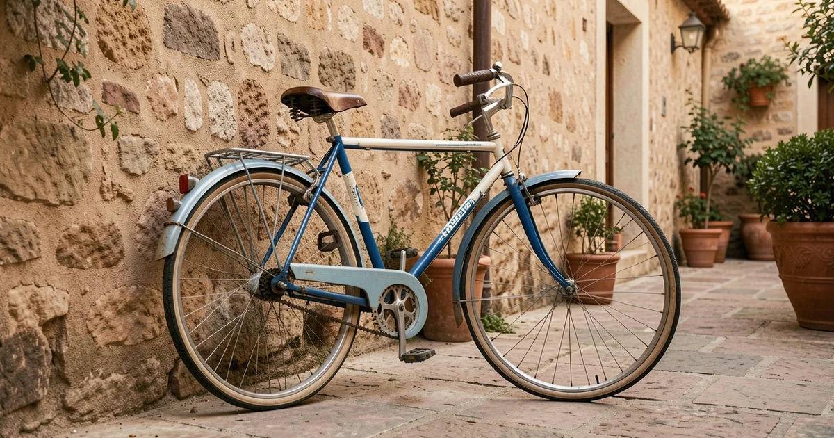 Classic vintage bicycle against a white wall, Spanish summer.