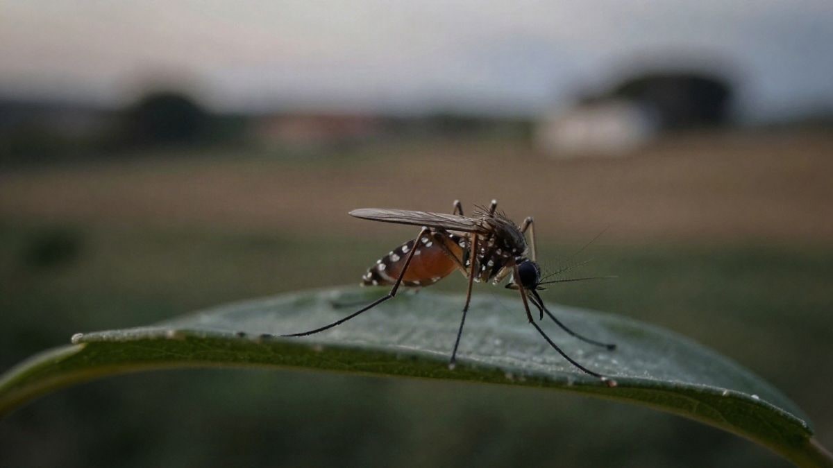 Imagen ilustrativa: un mosquito posado en una hoja, con fondo rural desenfocado al atardecer