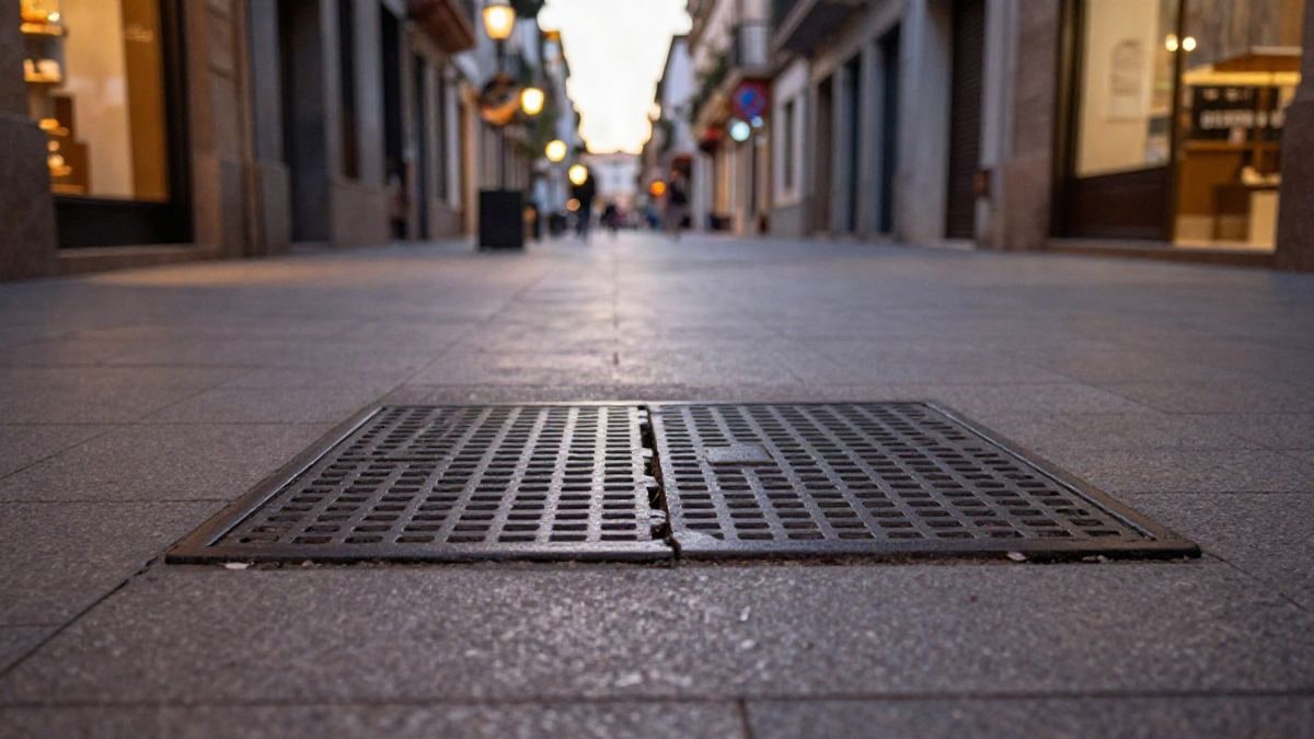 Imagen ilustrativa: tapa metálica de una arqueta ligeramente levantada en un paseo urbano al atardecer