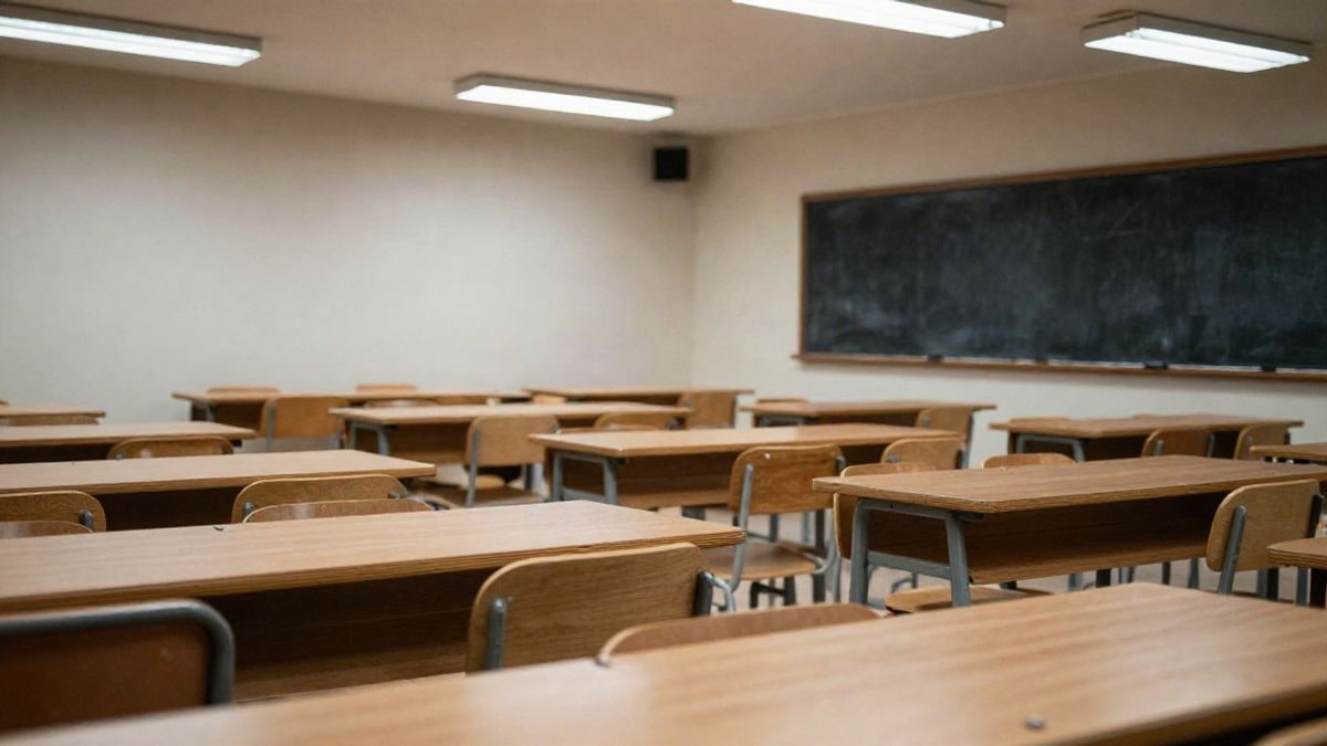Illustrative image: empty classroom with desks and a board lit by artificial lights