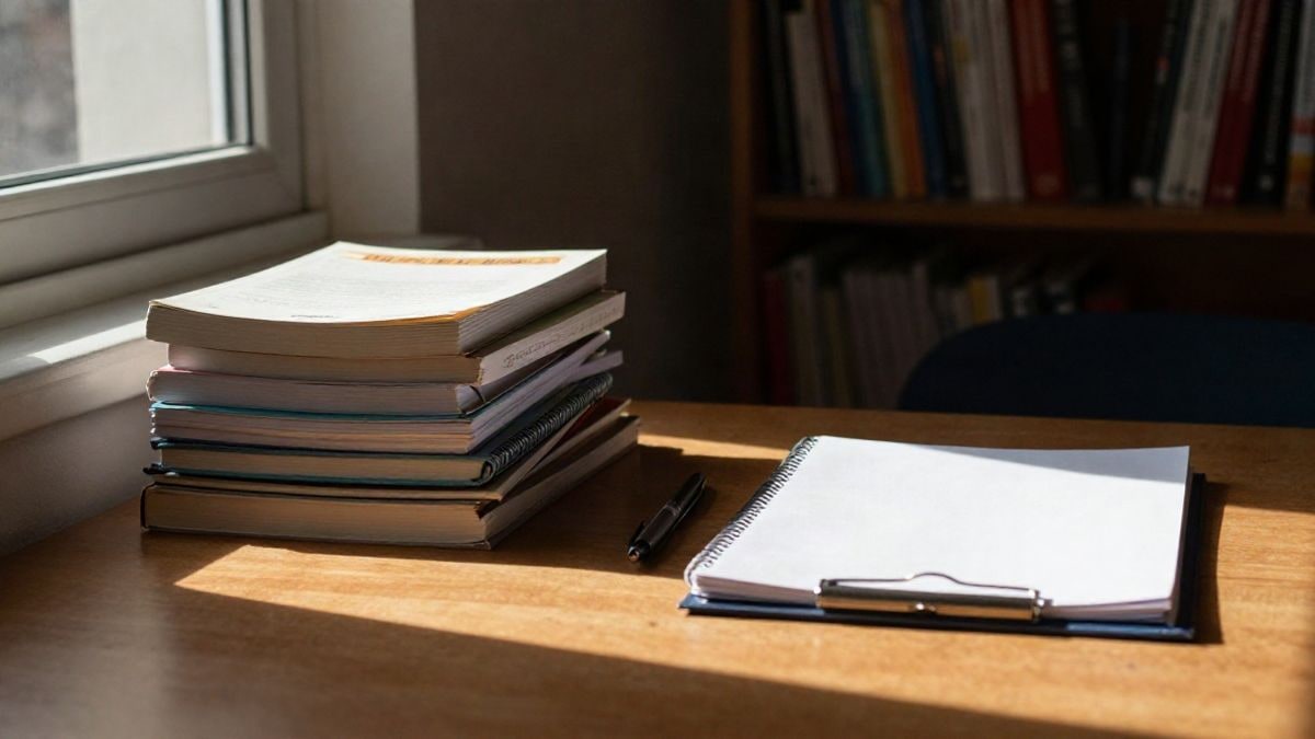 Imagen ilustrativa: pila de libros de texto y cuadernos sobre una mesa de madera junto a una ventana