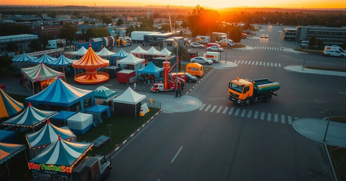 Aerial view of Estepona fairground at sunset with tents and attractions, and a cleaning truck on an empty street