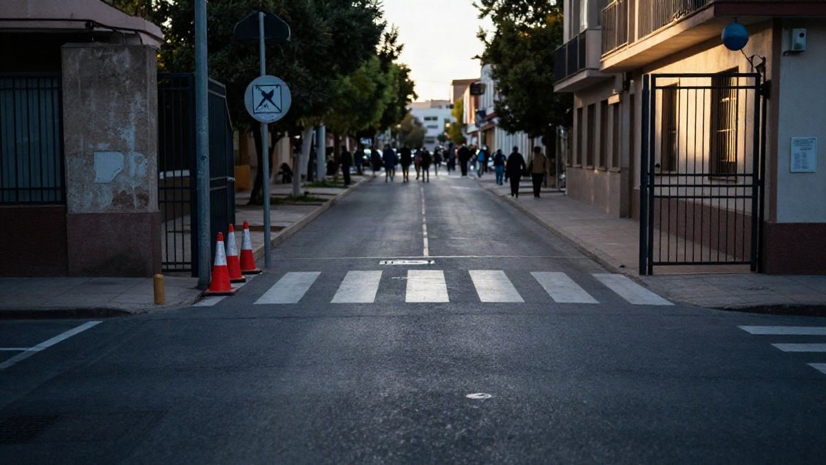 Imagen ilustrativa: calle escolar con paso de peatones y conos de tráfico en una mañana temprana