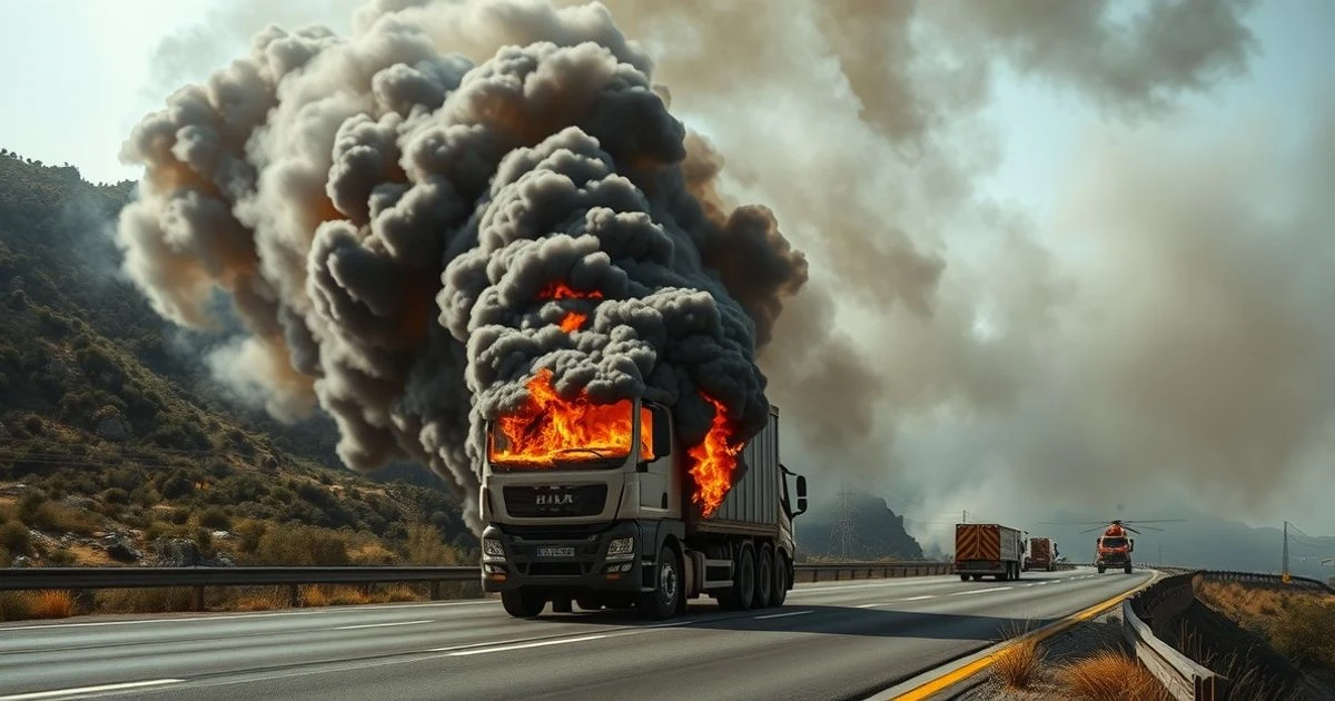 Columna de humo sobre un camión incendiado en la AP-7 con vehículos de emergencia