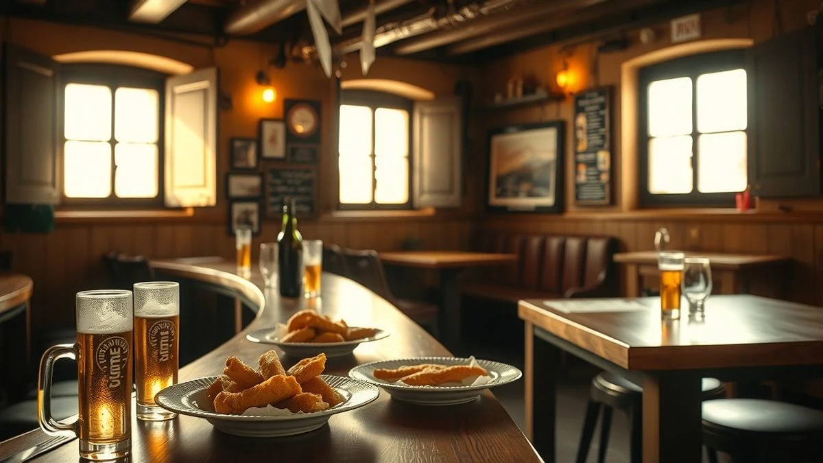 Interior de taberna con barra de madera, platos de pescado frito y jarras de cerveza iluminados por luz lateral de ventana