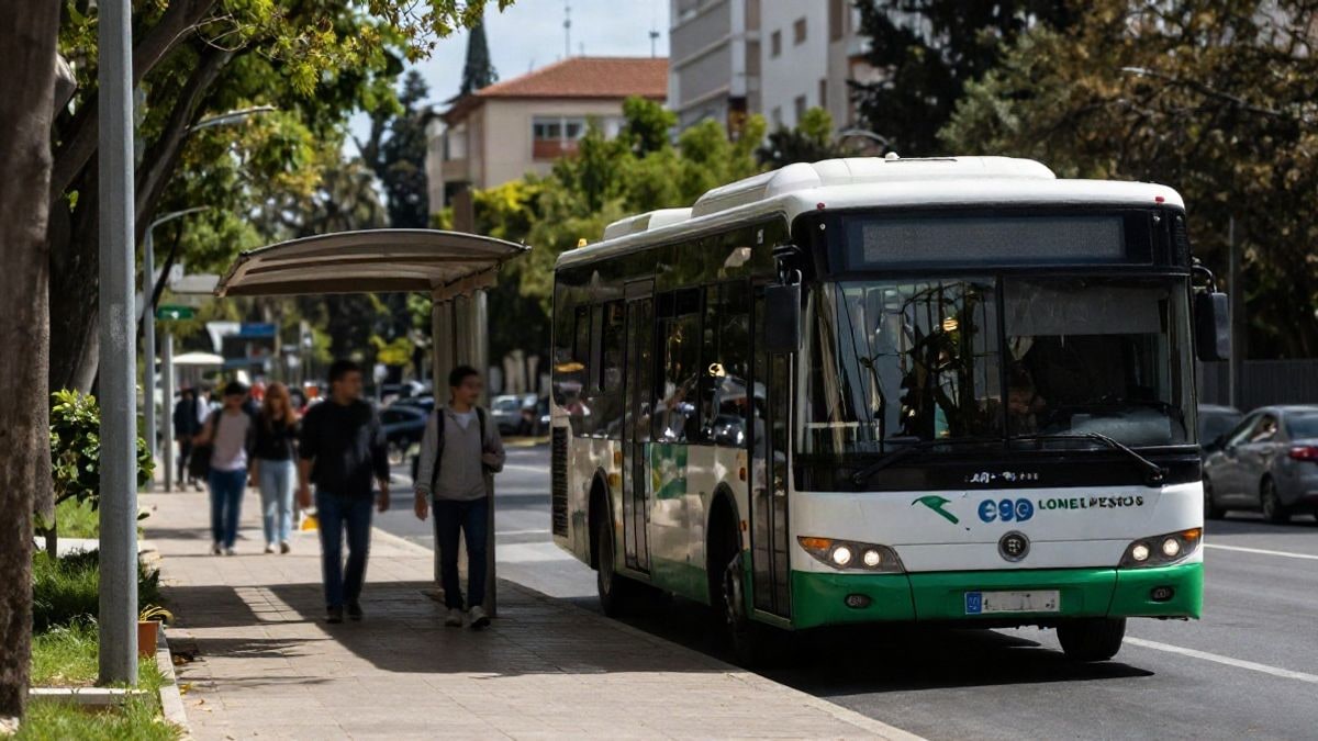 Illustrative image: an urban bus at a stop next to a university campus, with blurred students in the background.