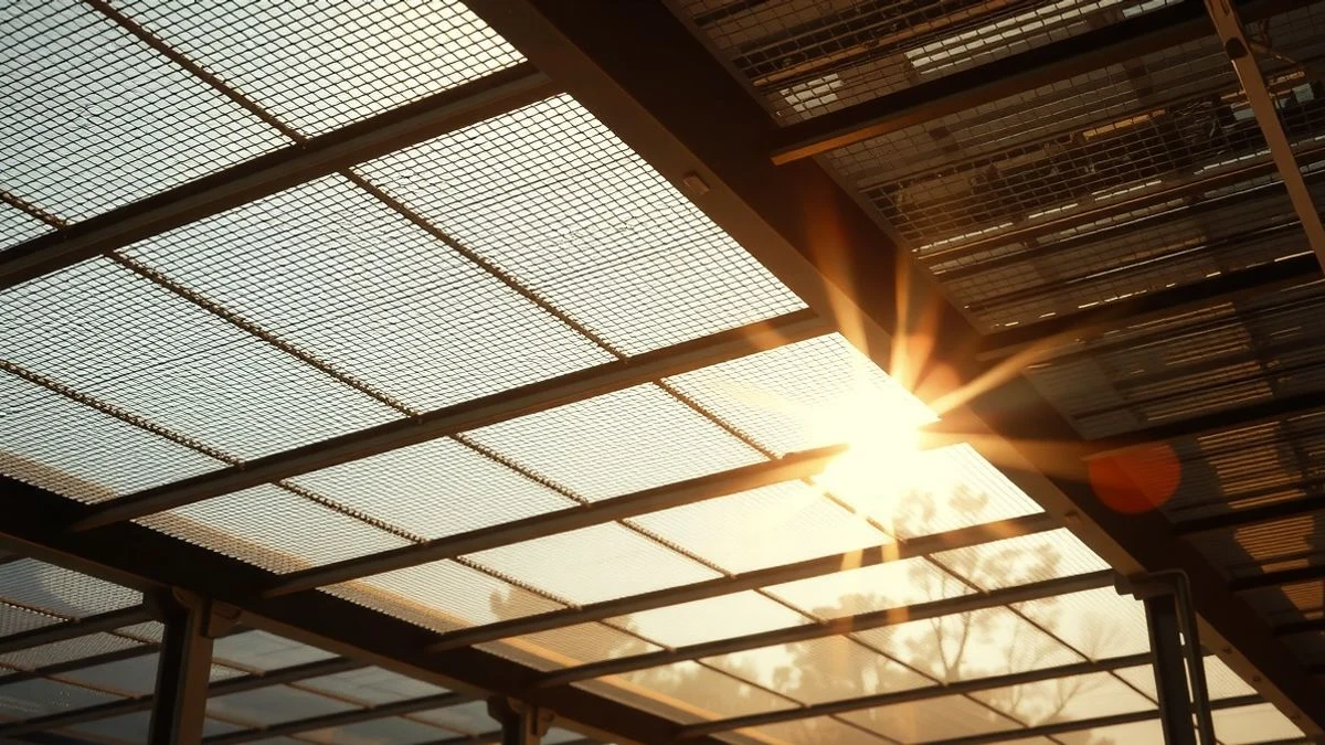 Imagen ilustrativa: detalle de una estructura metálica con placas solares fotovoltaicas al atardecer.