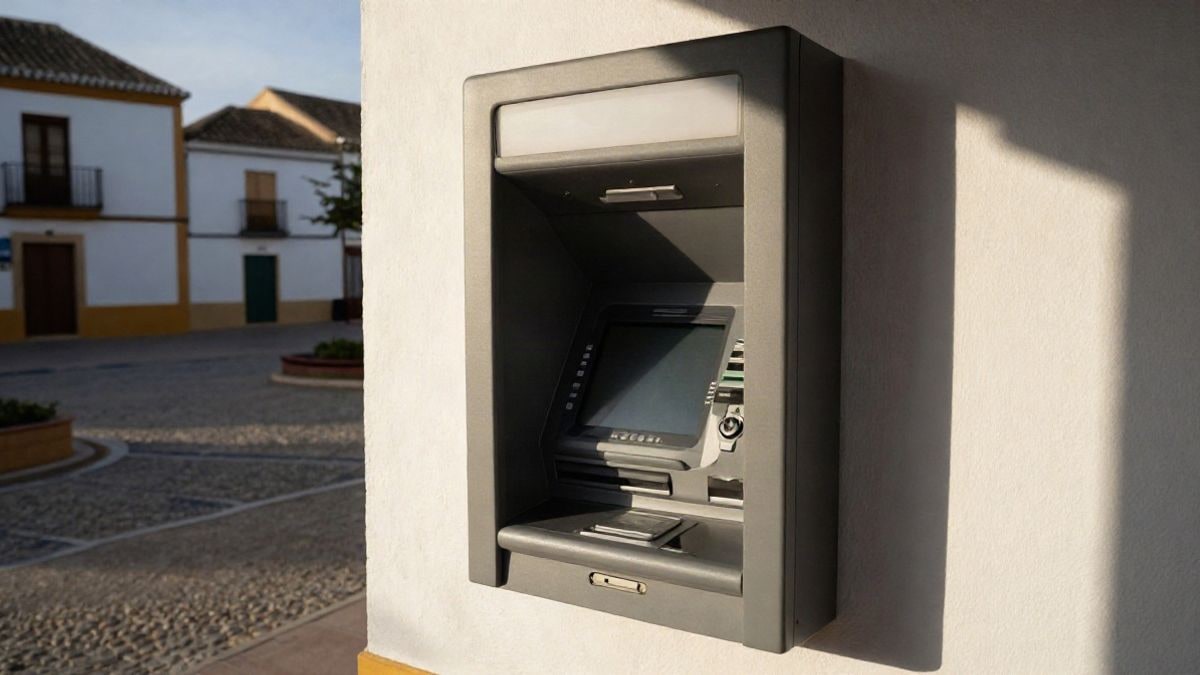 Illustrative image: an ATM in a square of an Andalusian village with whitewashed houses in the background