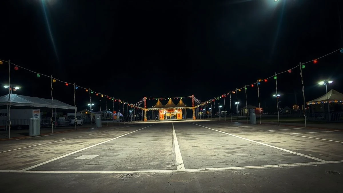 Imagen ilustrativa: recinto ferial vacío de noche con luces y carpa, camino que converge hacia la entrada