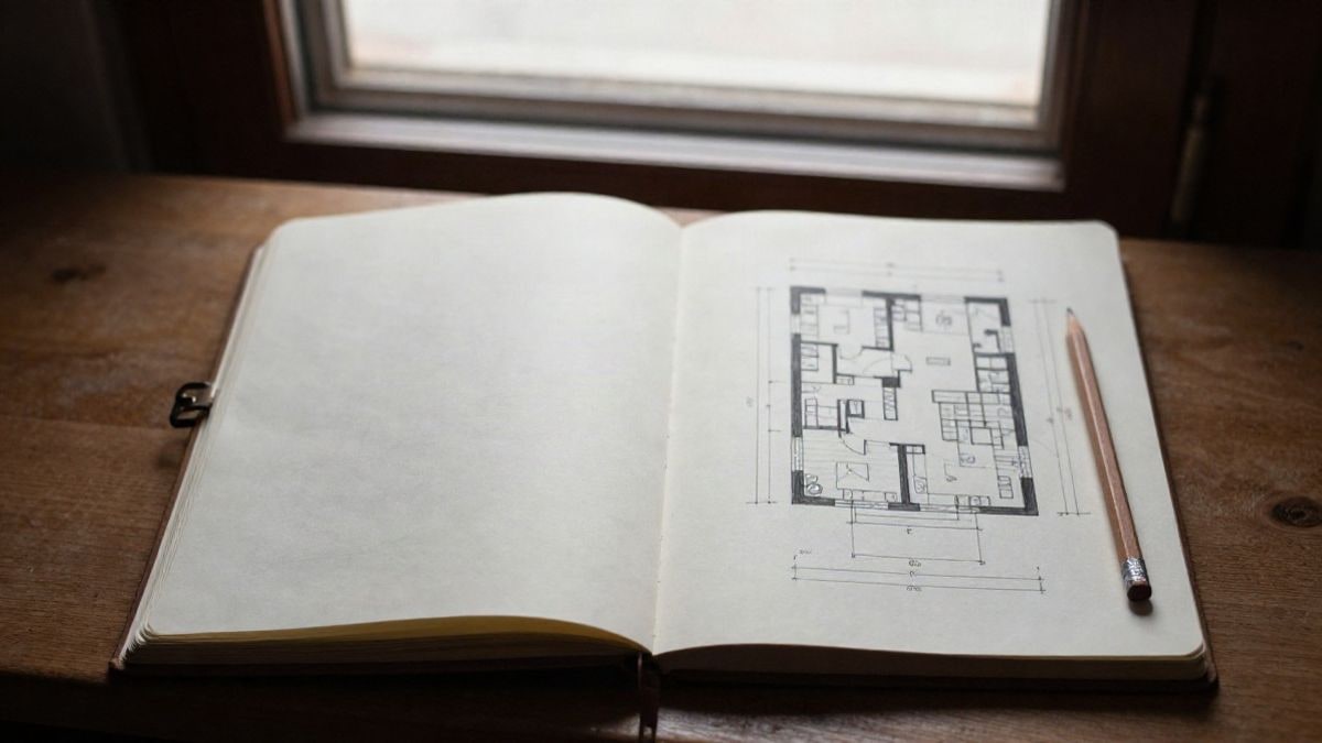 Imagen ilustrativa: vista cenital de un cuaderno de arquitectura abierto con planos y un lápiz sobre una mesa de madera
