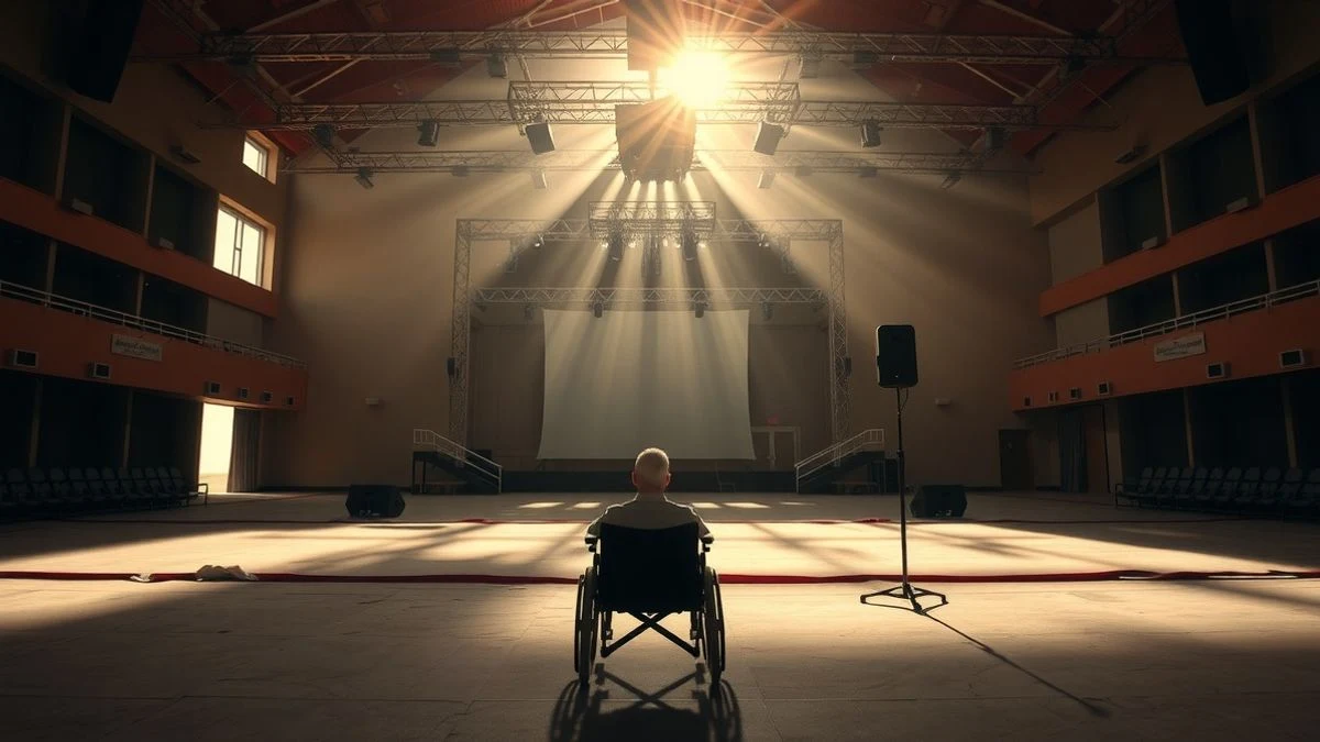 Interior de un recinto de festival vacío con luz de ventana lateral, una silla de ruedas cerca del escenario y un atril para intérprete de signos