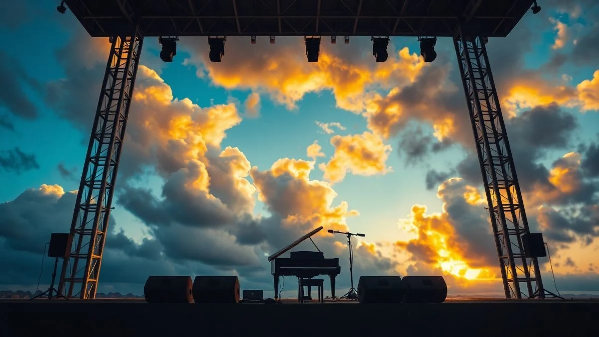 Empty outdoor auditorium at sunset with a grand piano on stage