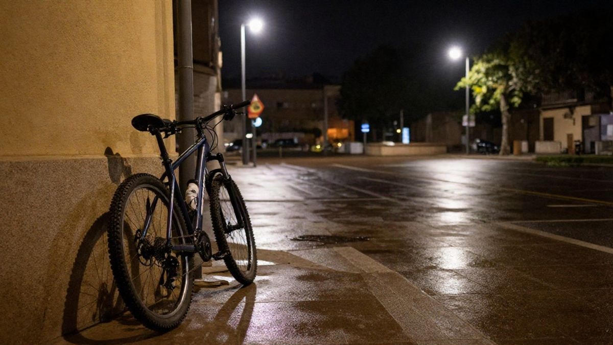 Imagen ilustrativa: bicicleta de montaña apoyada en una pared bajo una farola en una plaza urbana de noche