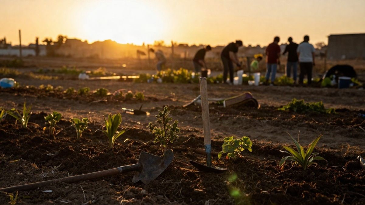 Illustrative image: urban garden at sunset with gardening tools and long shadows