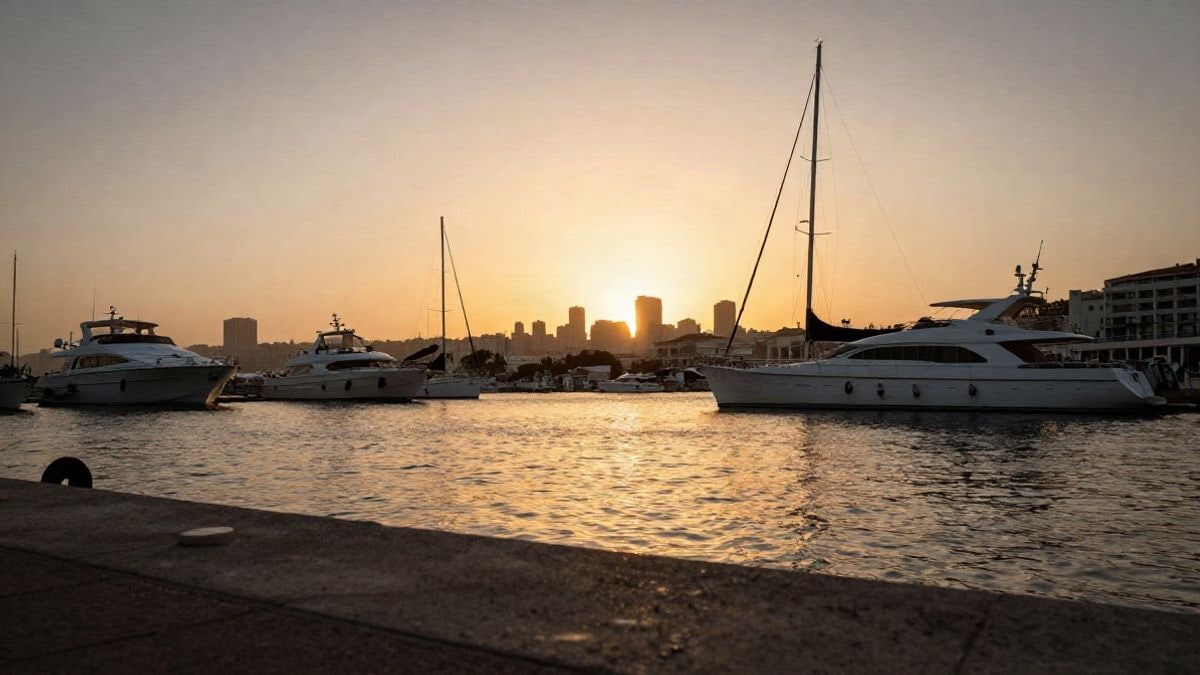 Illustrative image: a luxury yacht docked in a Mediterranean marina at sunset