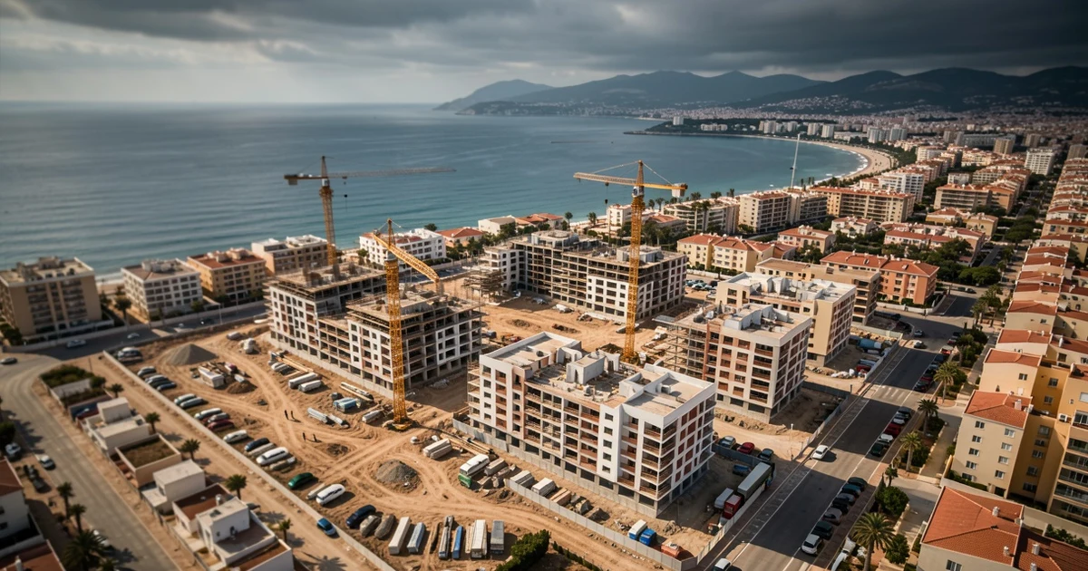 Aerial view of a construction development in the East zone of Málaga, with cranes and buildings under construction by the sea