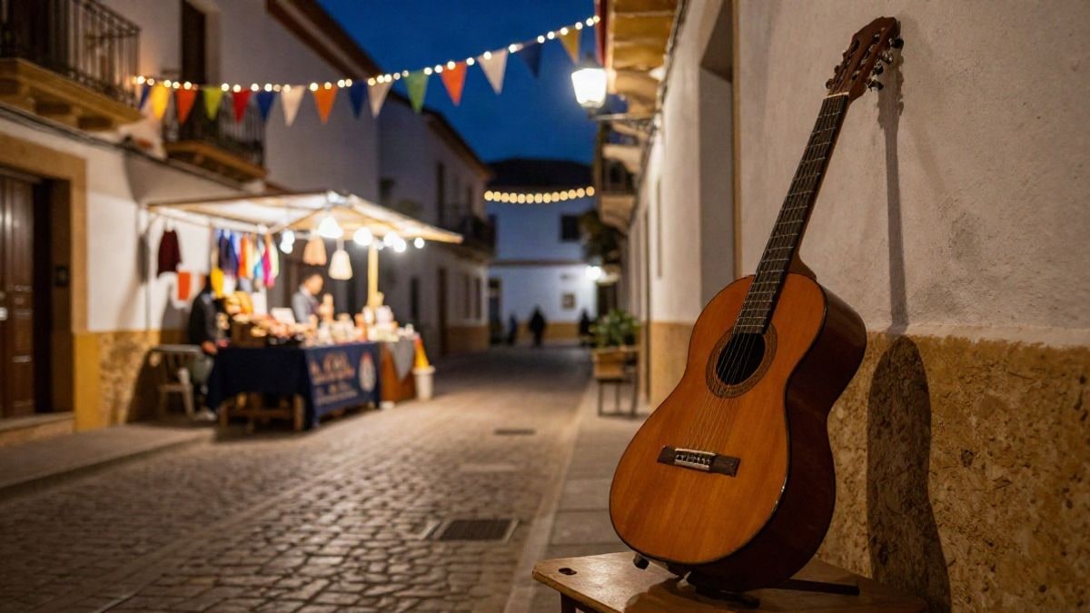 Illustrative image: street of an Andalusian village adorned with lights and an artisan market at night