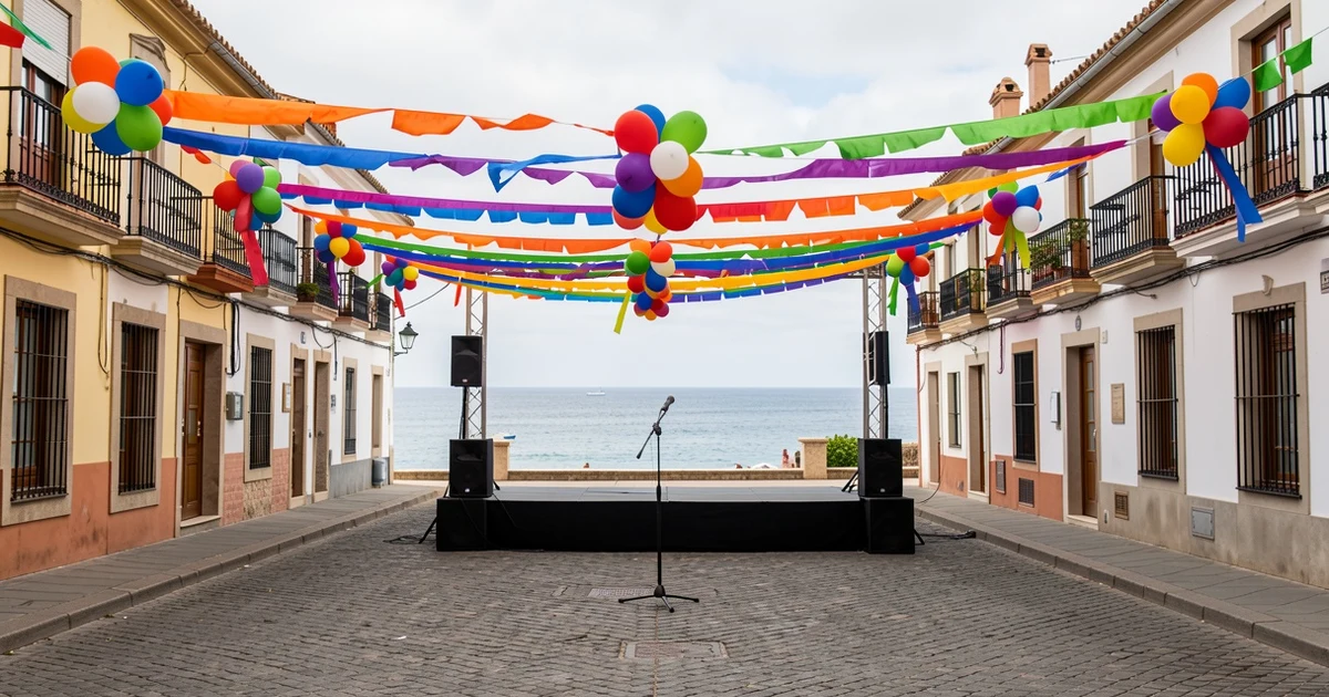 Decoración festiva en la plaza de los Cangrejos de Nerja para el Orgullo, con globos y serpentinas de colores