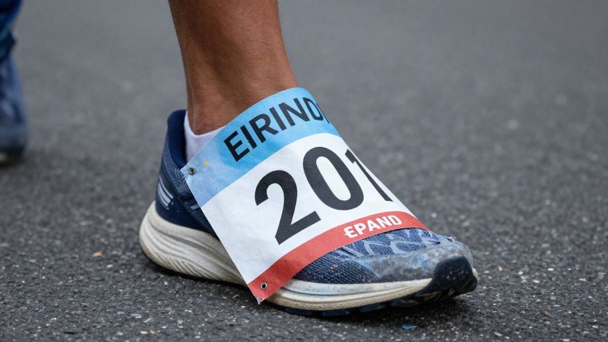 Imagen ilustrativa: primer plano de un dorsal de carrera deportiva sobre una zapatilla en el asfalto