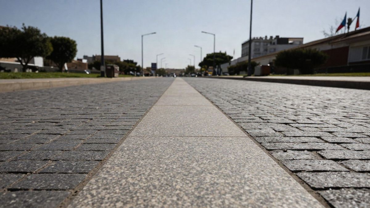 Imagen ilustrativa: calle recién pavimentada con farolas LED y zona verde al fondo