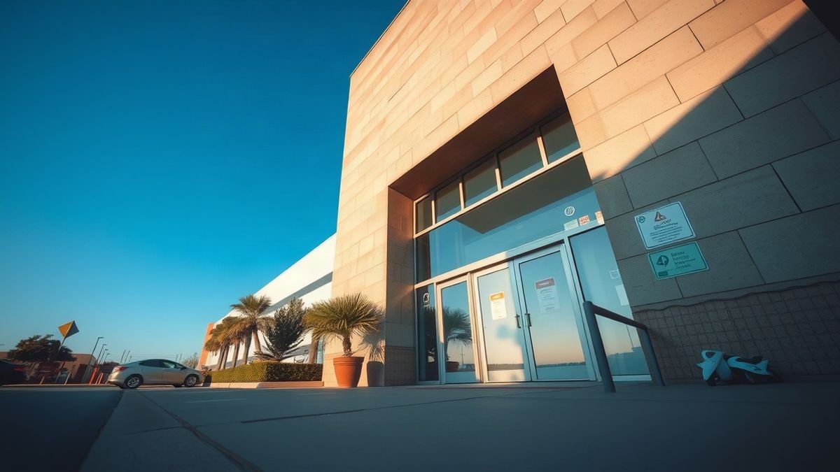 Imagen ilustrativa: entrada de una instalación deportiva moderna vista a ras de suelo con el cielo de fondo