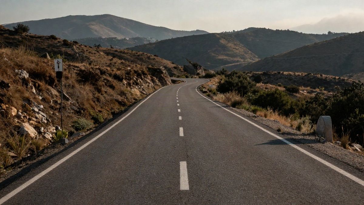 Imagen ilustrativa: una carretera de montaña entre colinas secas con marcas viales que convergen en el horizonte